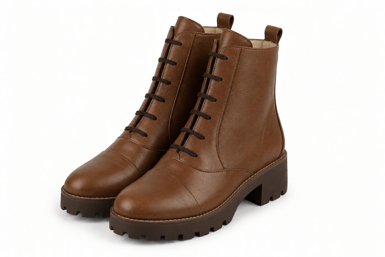 Women's cognac front lace-up ankle boots with round toe and chunky rubber lug sole - Front view